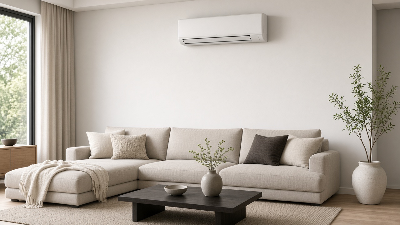 Bright living room with a wall-mounted HVAC mini-split indoor unit
